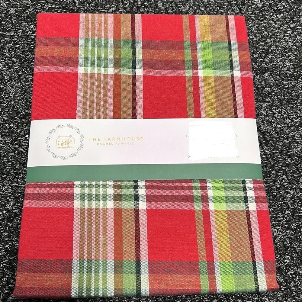 Farmhouse Rachel Ashwell Christmas Red Green Tablecloth Plaid 60”x 84” Oblong